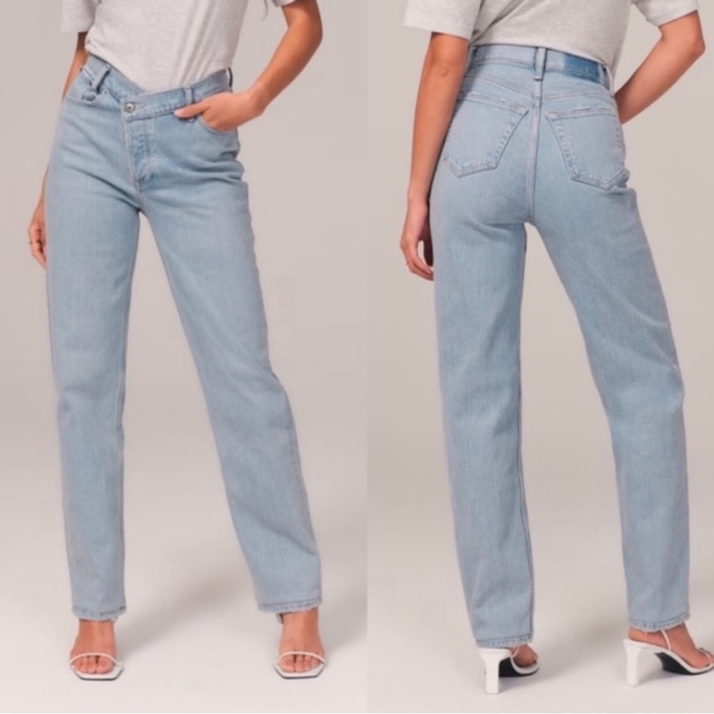 Abercrombie & Fitch Curve Love High Rise Dad Jean Criss Cross Waist Light Wash